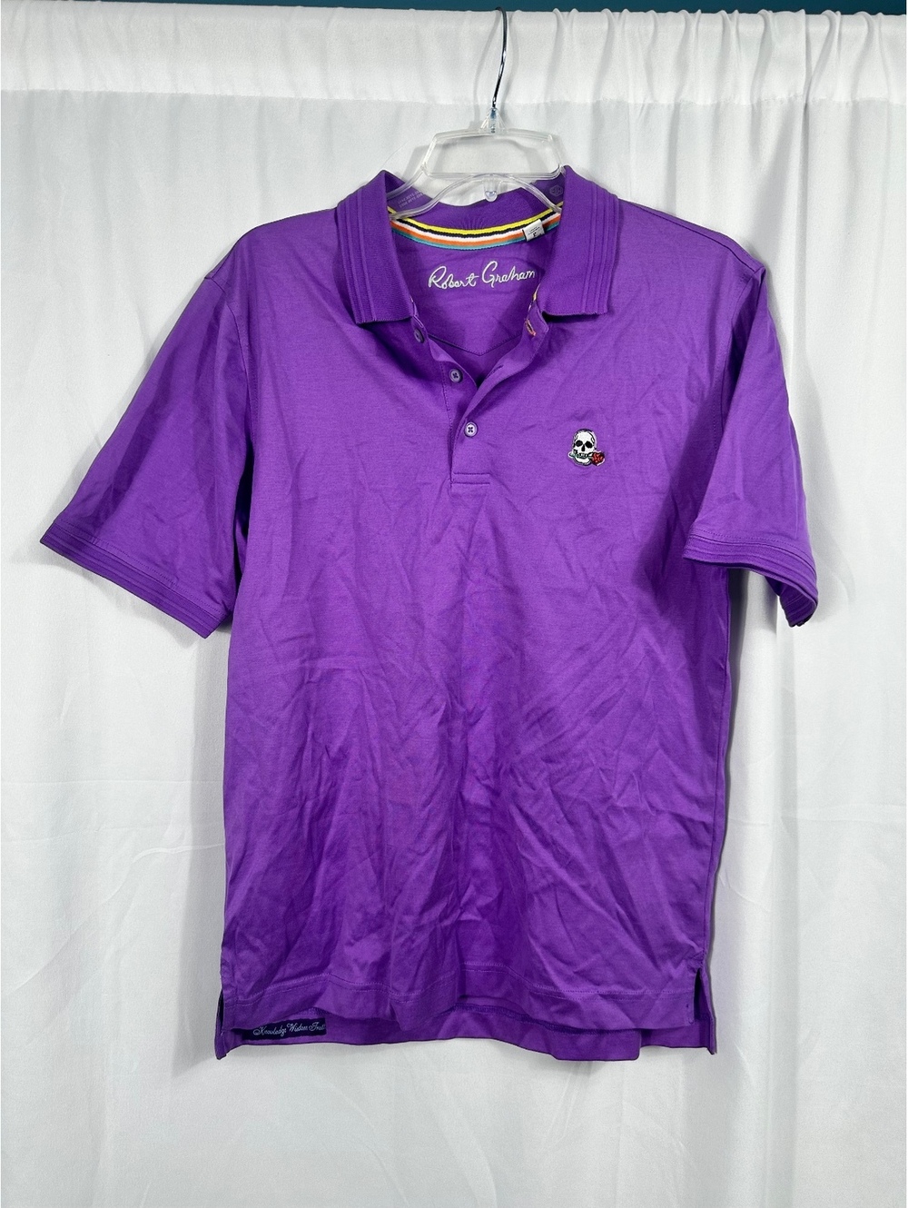 Robert Graham Purple Classic Fit Polo Shirt with Skull and Rose Embroidery Small